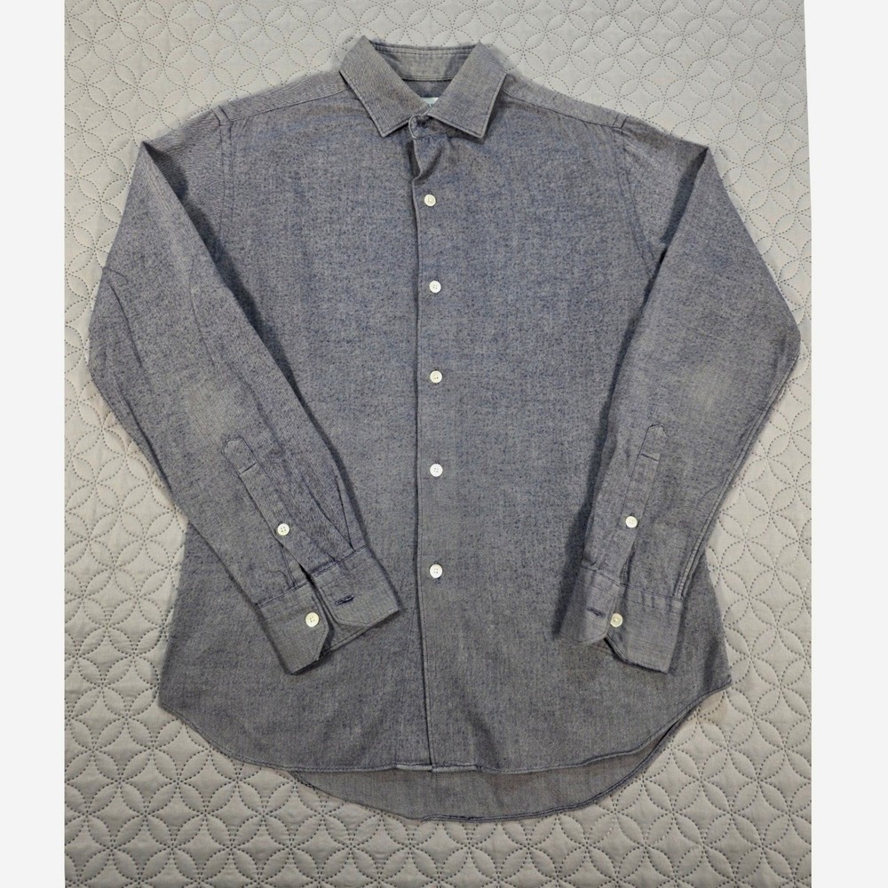 EDIFICE Cotton Cashmere Wool Button Up Shirt Mens Blue Grey Long Sleeve Twill
